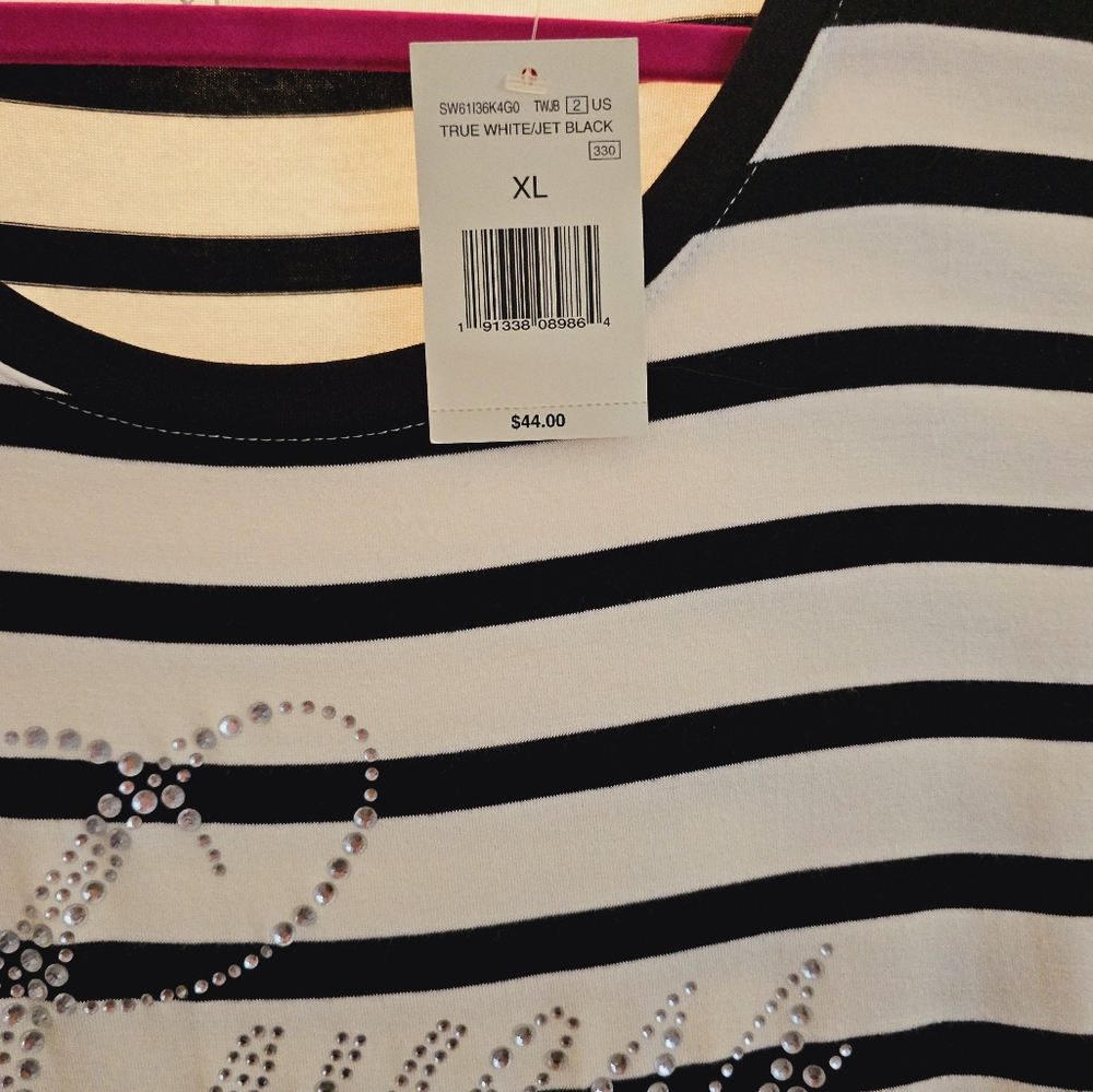 GUESS LOS ANGELES TUNIC TOP..BLACK & WHITE STRIPES WITH GUESS IN RHINESTONES - Picture 14 of 15